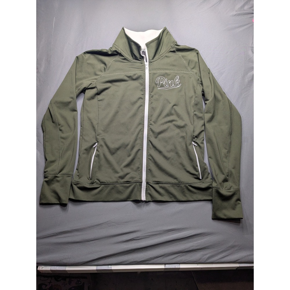 Pink Victorias Secret Ultimate Track Jacket Olive Green Full Zip Mesh Back Large